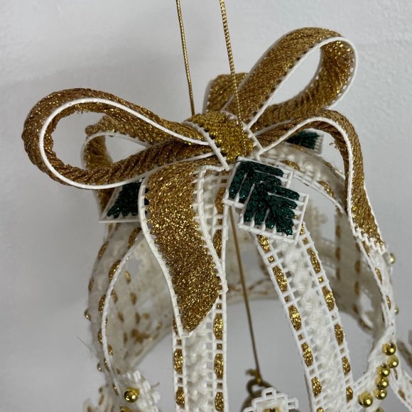 Vintage Needlepoint Christmas Bell White Gold Large Hanging Holiday Bell Decor - Picture 4 of 4